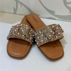 Pierre Dumas Tan Pearl-Studded Sandals